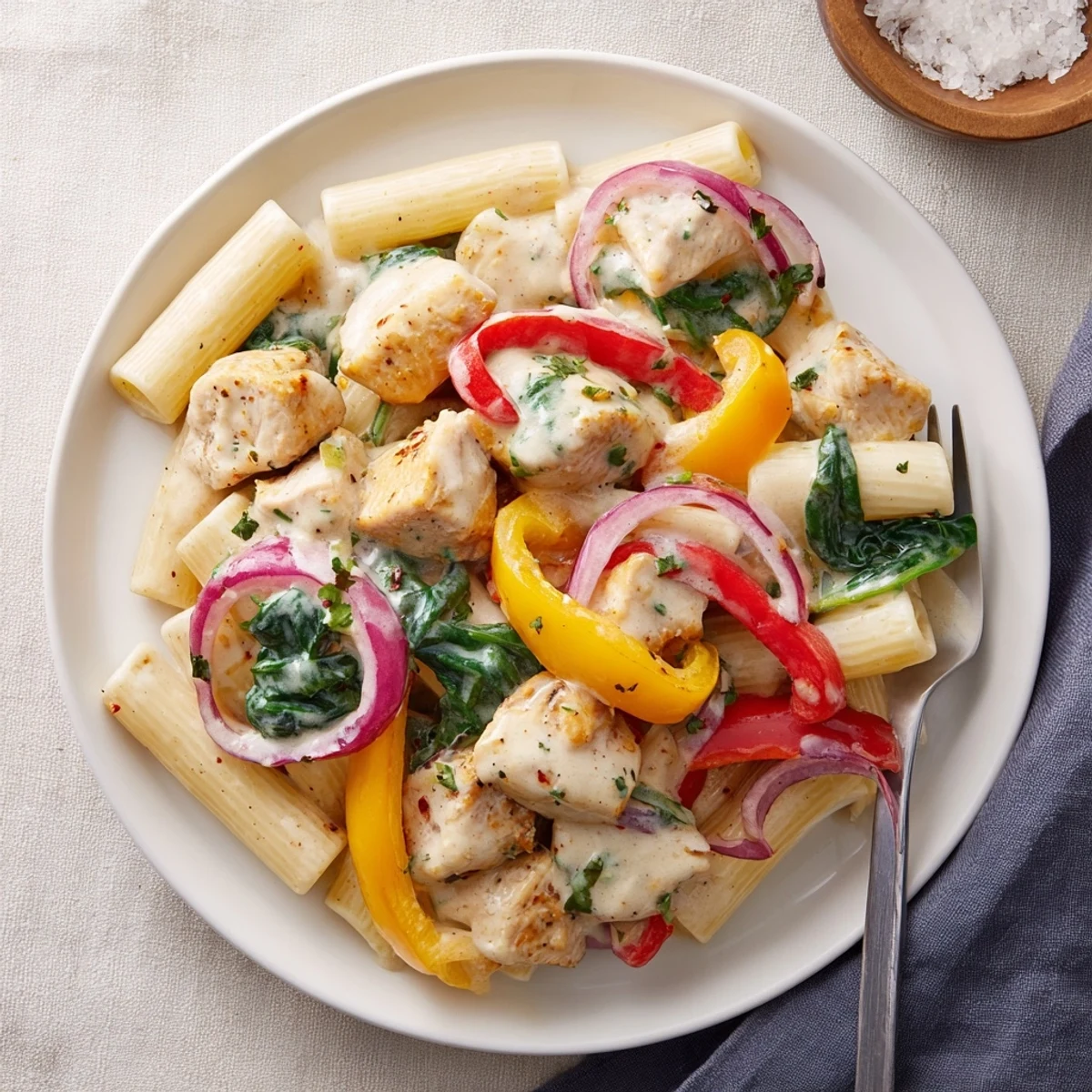 Creamy cowboy butter chicken pasta tossed with colorful bell peppers and fresh herbs in a rich garlic sauce