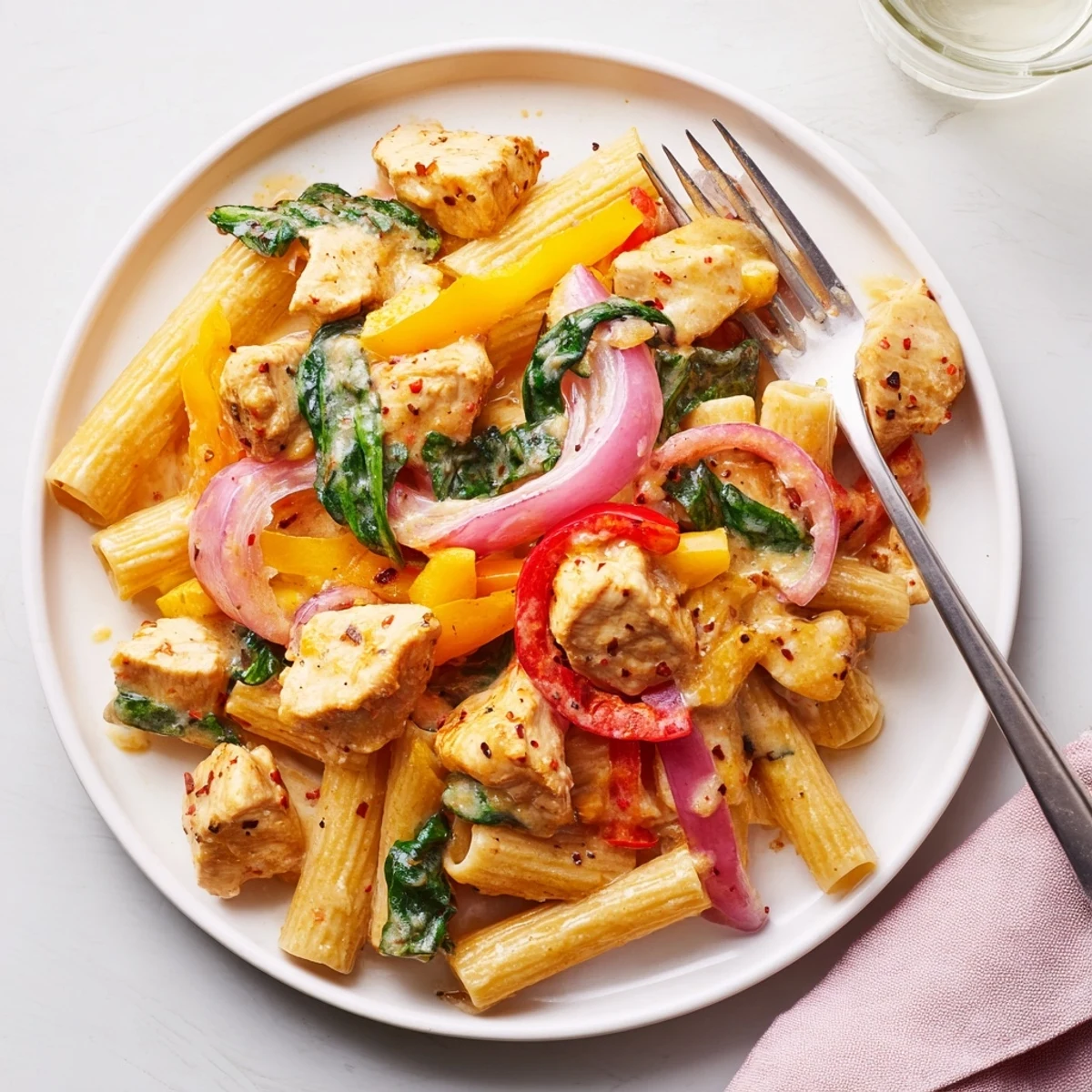 Golden chicken penne pasta coated in zesty cowboy butter sauce with vibrant red and yellow pepper slices
