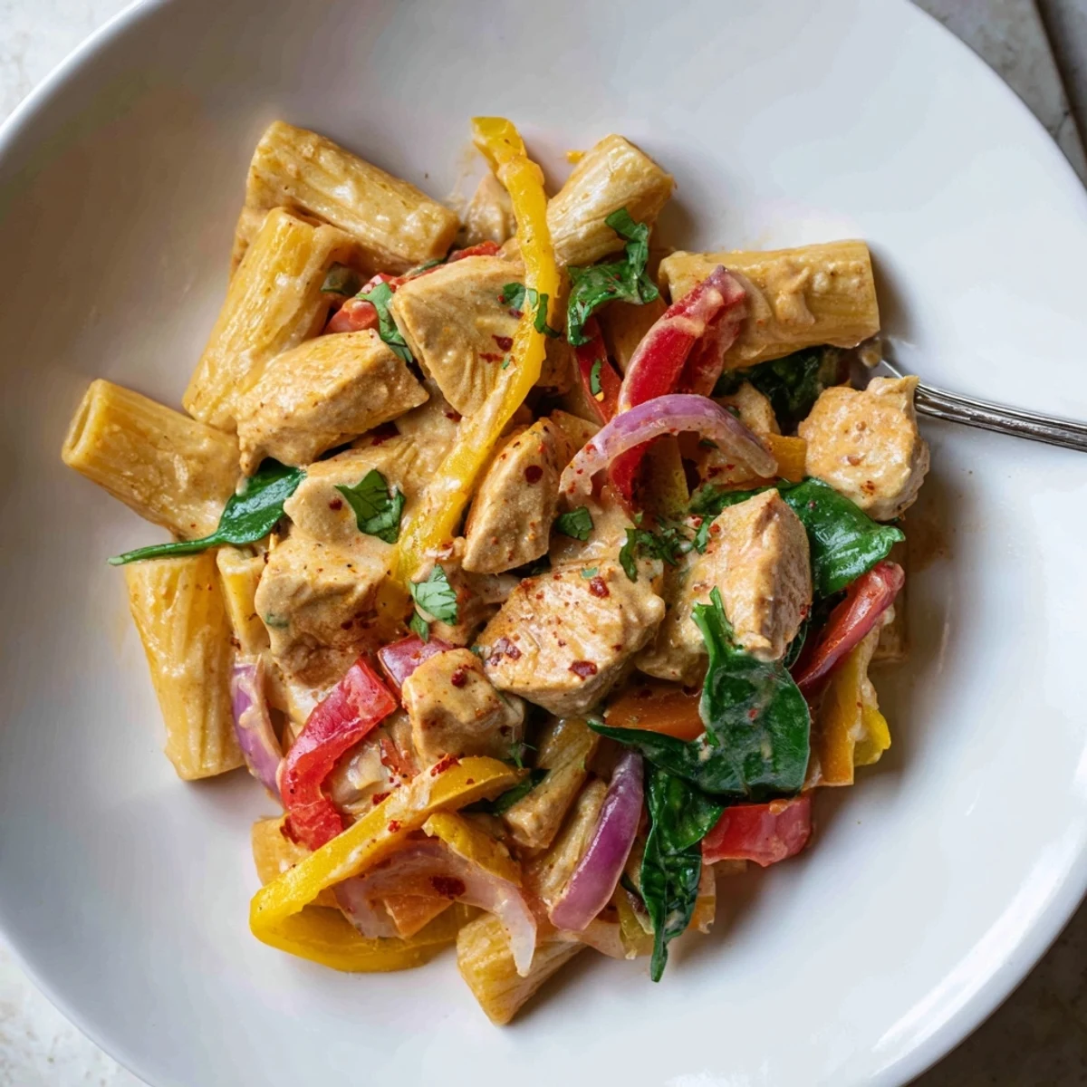 Savory cowboy butter chicken pasta featuring tender meat, wilted spinach, and parmesan in a spiced creamy sauce