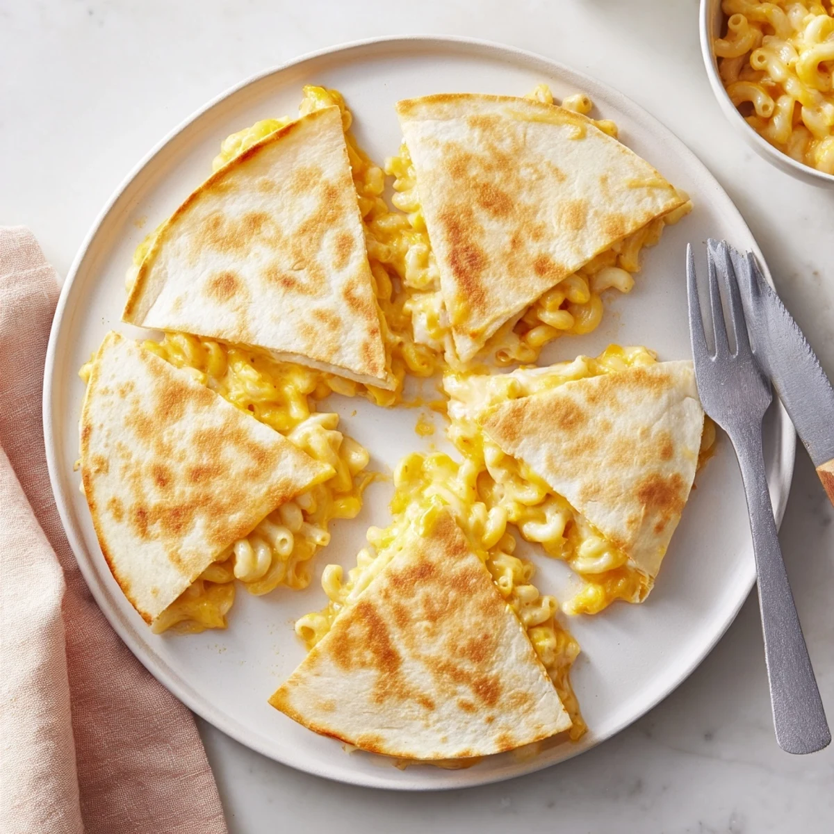 Golden crispy mac and cheese quesadillas cut into wedges on a wooden board