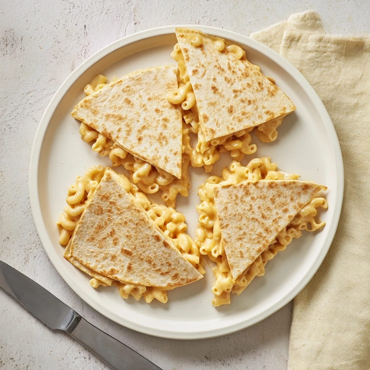 Homemade mac and cheese quesadilla featuring crispy tortilla edges and gooey cheddar center