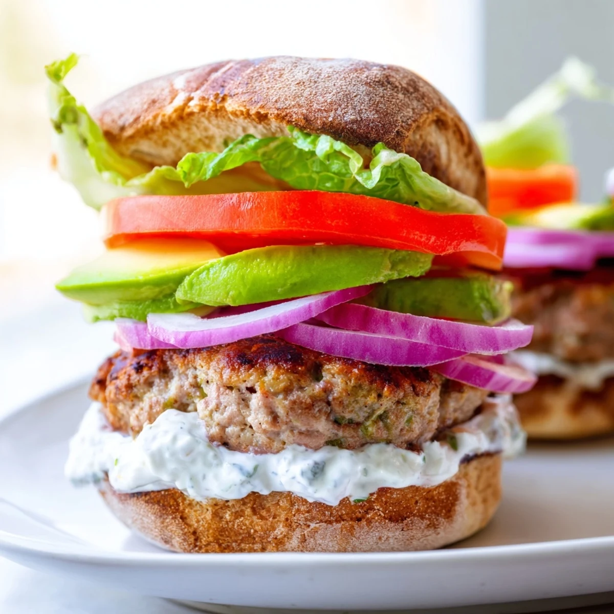 Juicy healthy high protein burger sandwiched between toasted whole wheat buns with fresh tomato and crisp lettuce