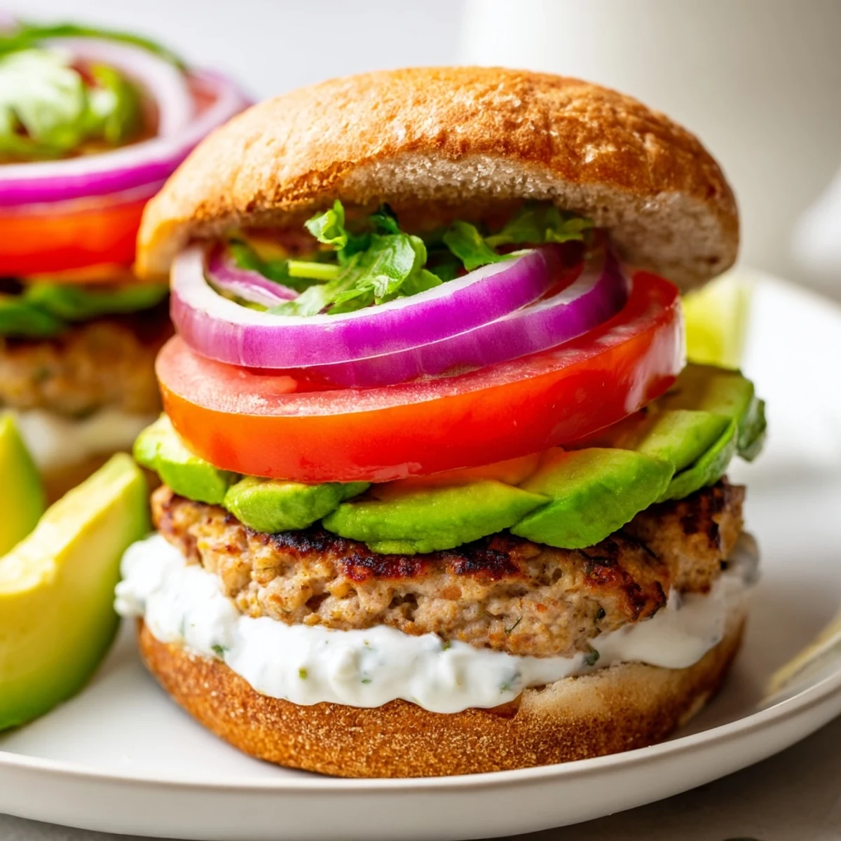 Golden brown healthy high protein burger patty topped with ripe avocado slices and cool Greek yogurt sauce