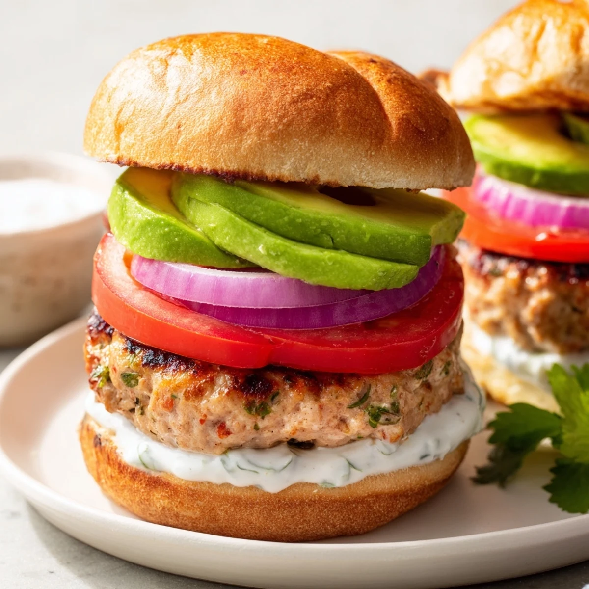 Delicious healthy high protein burger on a wooden board with red onion rings and vibrant green parsley garnish