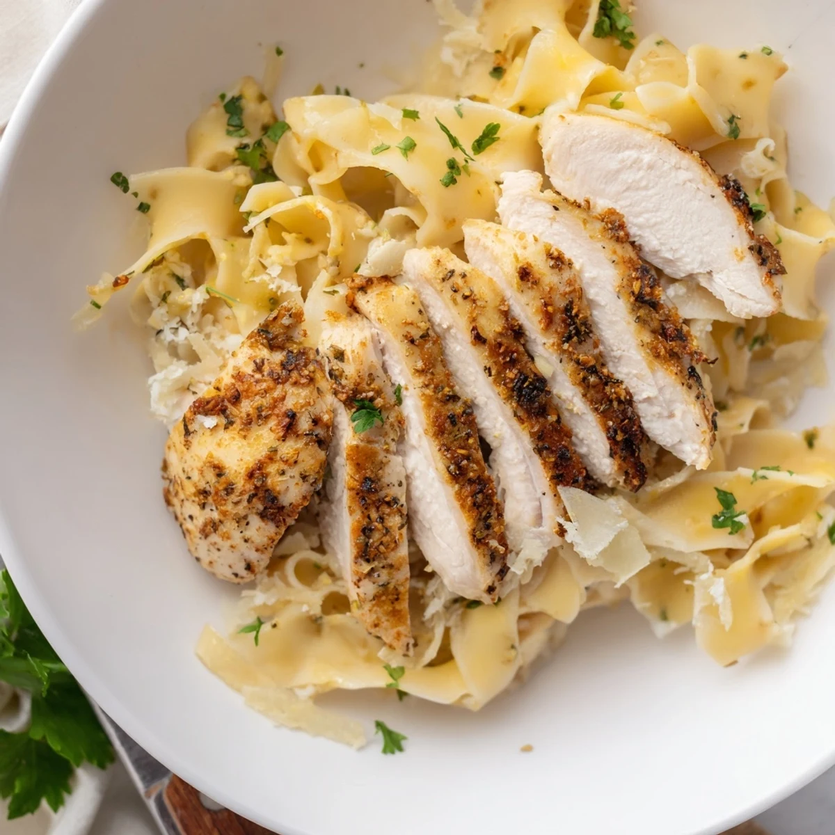 Golden brown chicken breasts resting atop glossy buttered egg noodles in a deep skillet