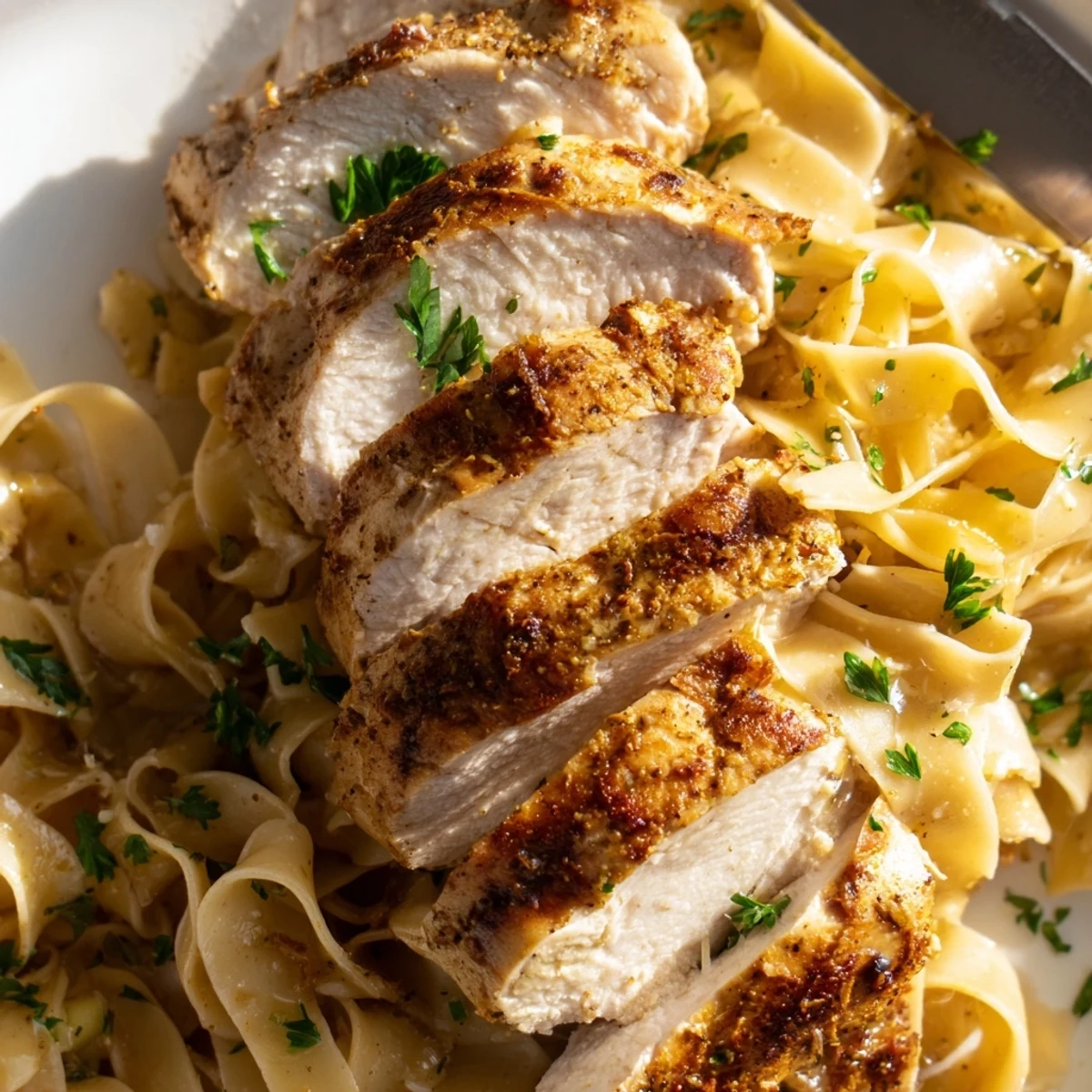 Savory one pan chicken with buttered noodles garnished with fresh parsley and parmesan cheese
