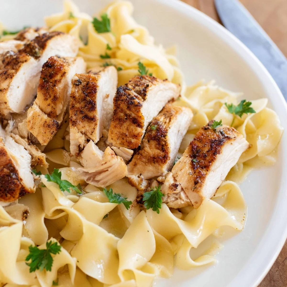 Tender sliced chicken served over silky egg noodles with melted butter in a single pan