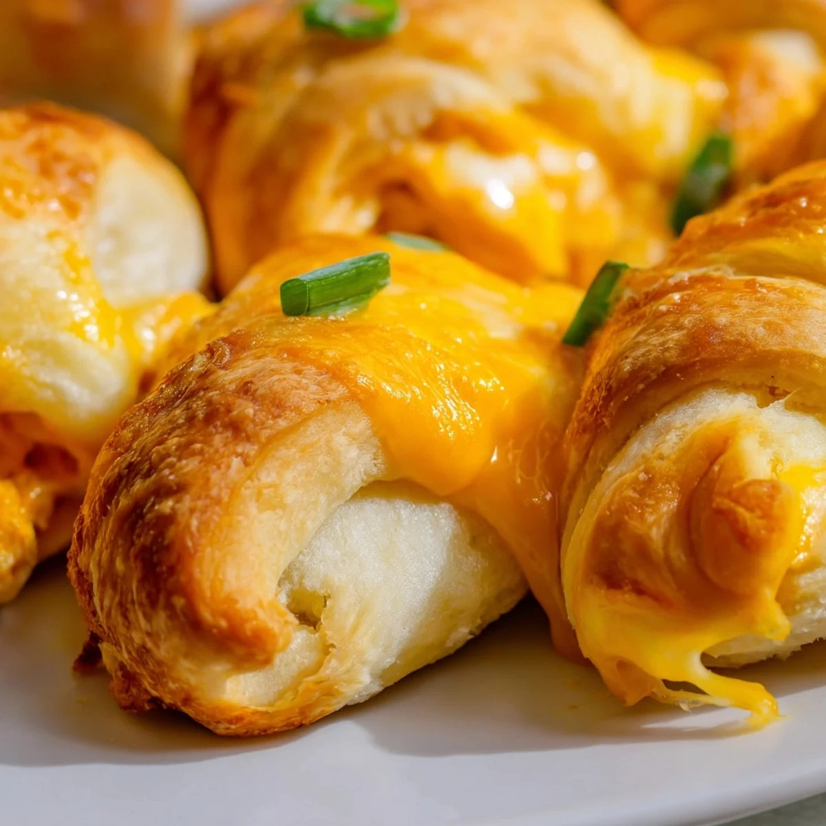 Golden brown cheesy chicken crescent bake with bubbling melted cheese topping on a white ceramic baking dish