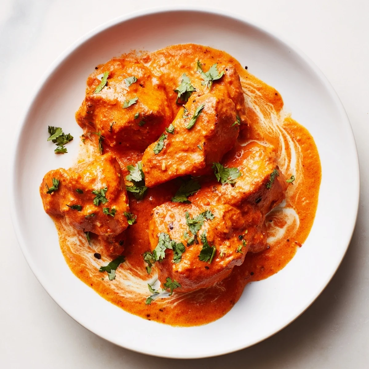 Golden butter chicken featuring tender grilled chicken pieces swimming in a rich, creamy orange tomato sauce garnished with fresh cilantro