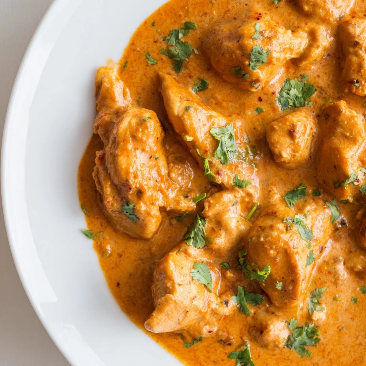 Creamy butter chicken curry served in a white bowl with vibrant sauce coating succulent chicken pieces and green herb topping