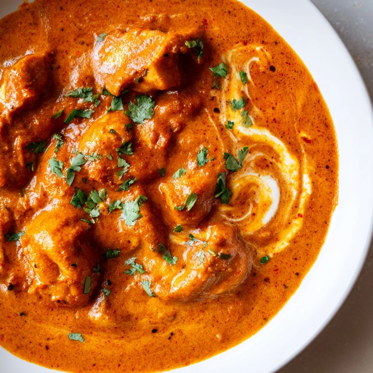 Homemade butter chicken showcasing spiced tender chicken in a velvety smooth tomato-butter sauce with chopped cilantro sprinkled on top