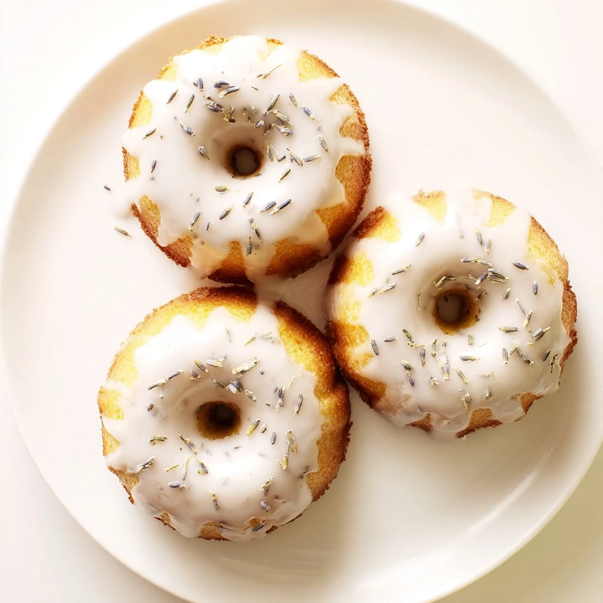 Golden mini lemon cakes drizzled with purple lavender glaze on a white serving plate