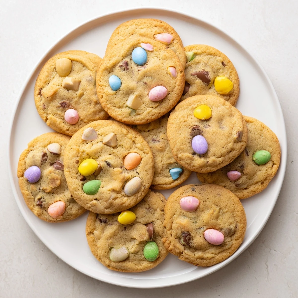 Golden brown mini egg cookies with colorful chocolate egg pieces on a cooling rack