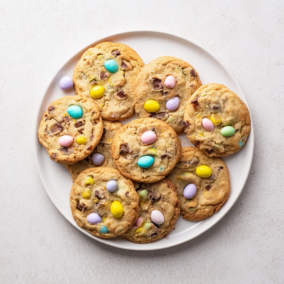 Chewy buttery mini egg cookies studded with pastel candy eggs ready for spring dessert