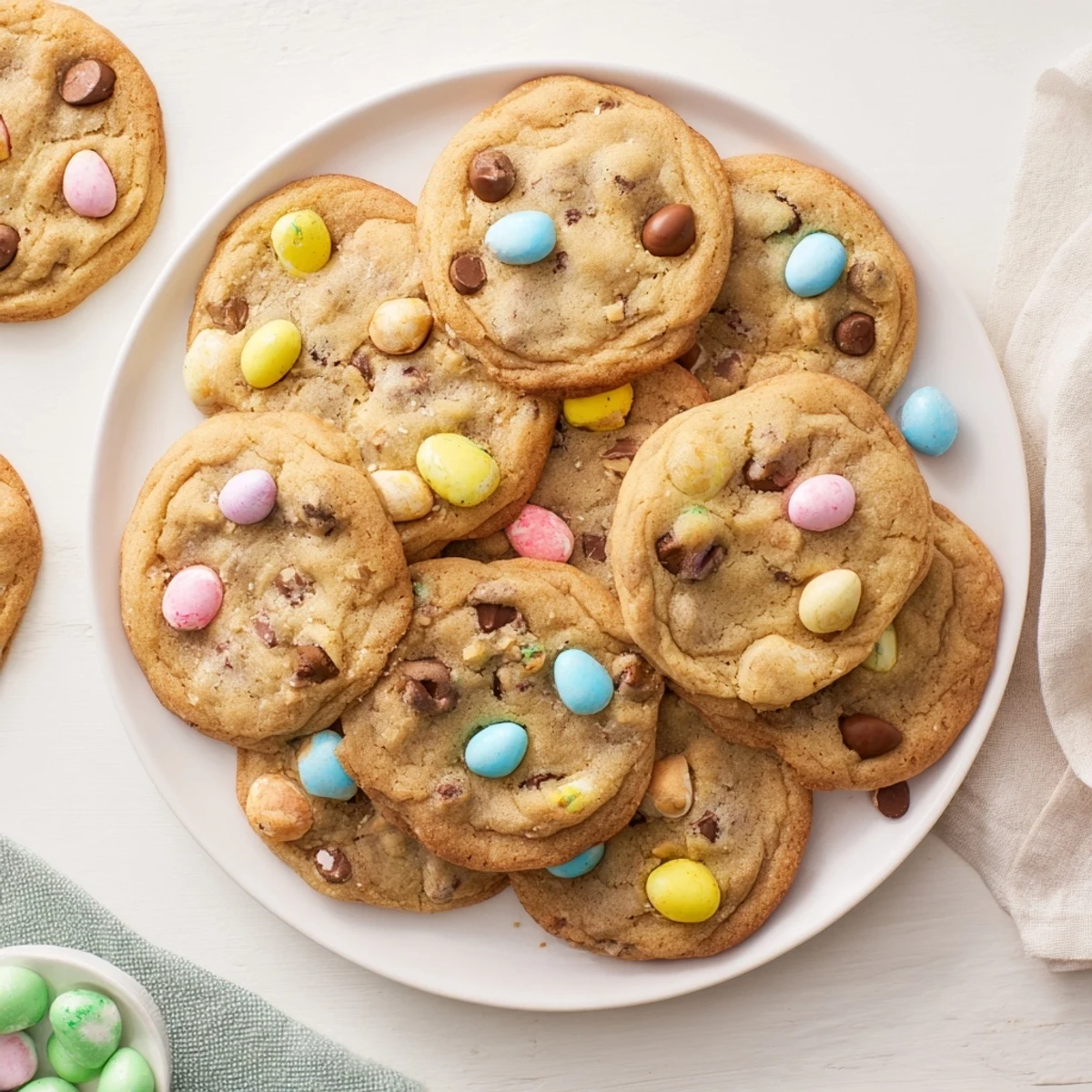 Freshly baked mini egg cookies topped with crunchy chocolate candies on a white baking sheet