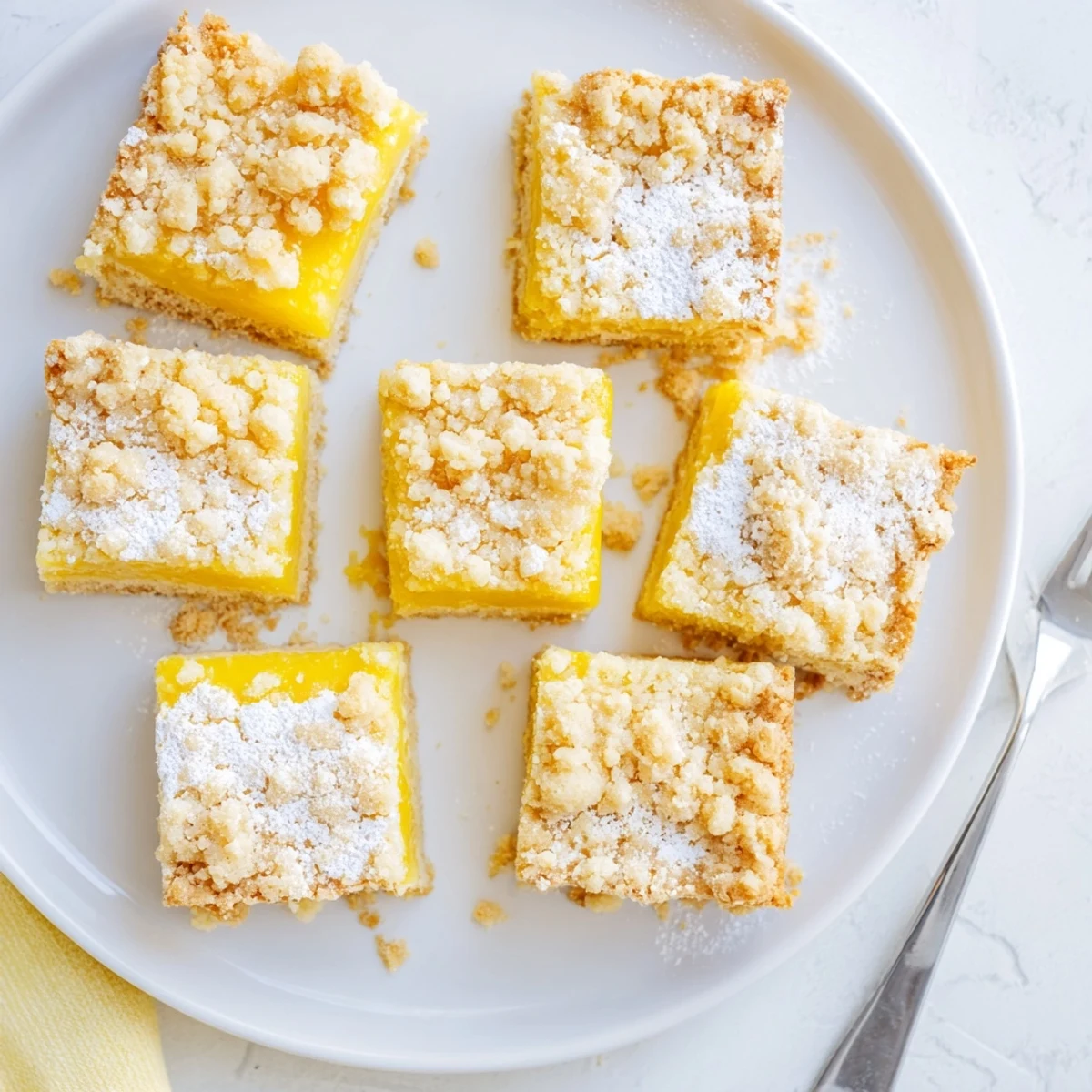 Fresh lemon crumb bars cut into squares with powdered sugar dusting topping