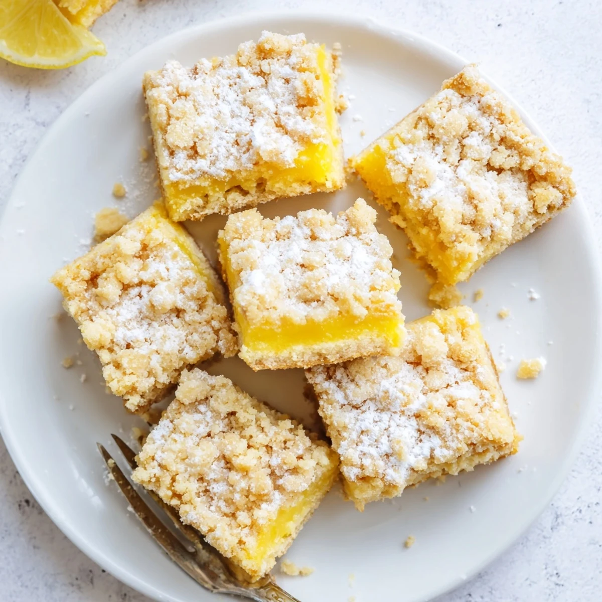 Square lemon bars layered with bright curd filling between sweet buttery crumbs