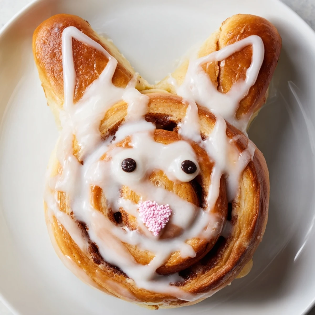 Golden brown Easter Bunny cinnamon rolls drizzled with white vanilla icing on a baking sheet