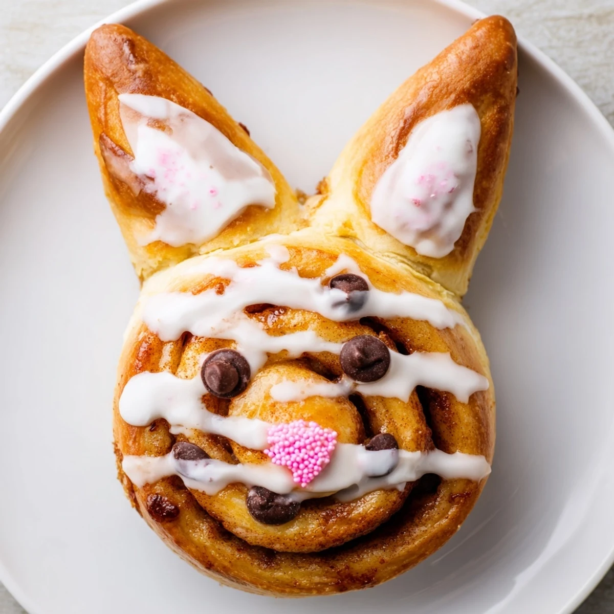 Fluffy Easter Bunny cinnamon rolls shaped like cute rabbits with cinnamon sugar spiraled inside
