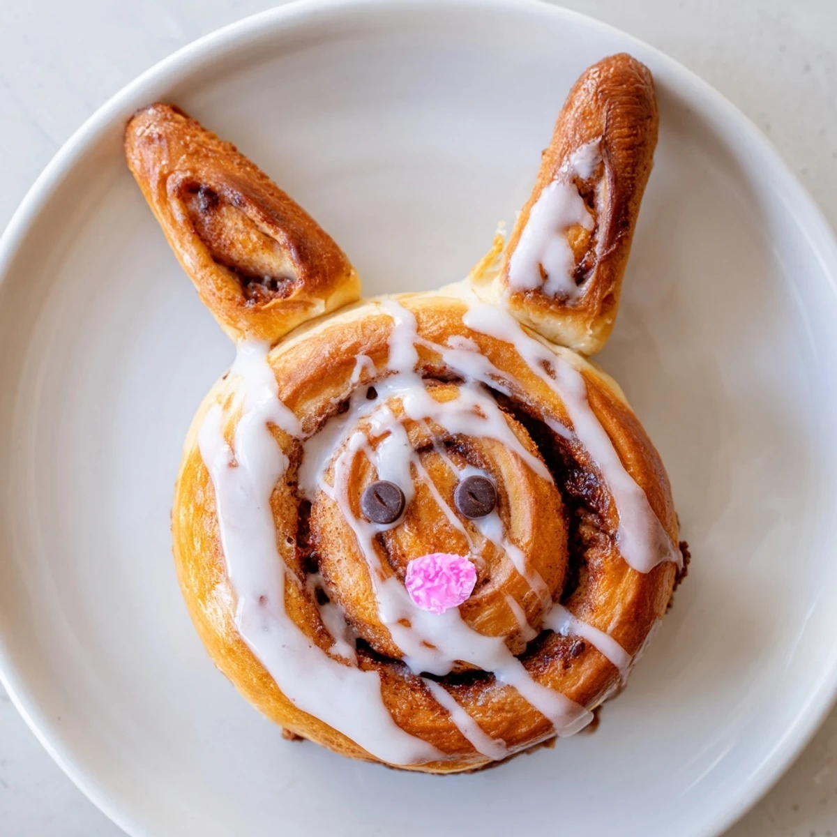 Warm Easter Bunny cinnamon rolls with chocolate chip eyes and pink sprinkle noses for spring brunch