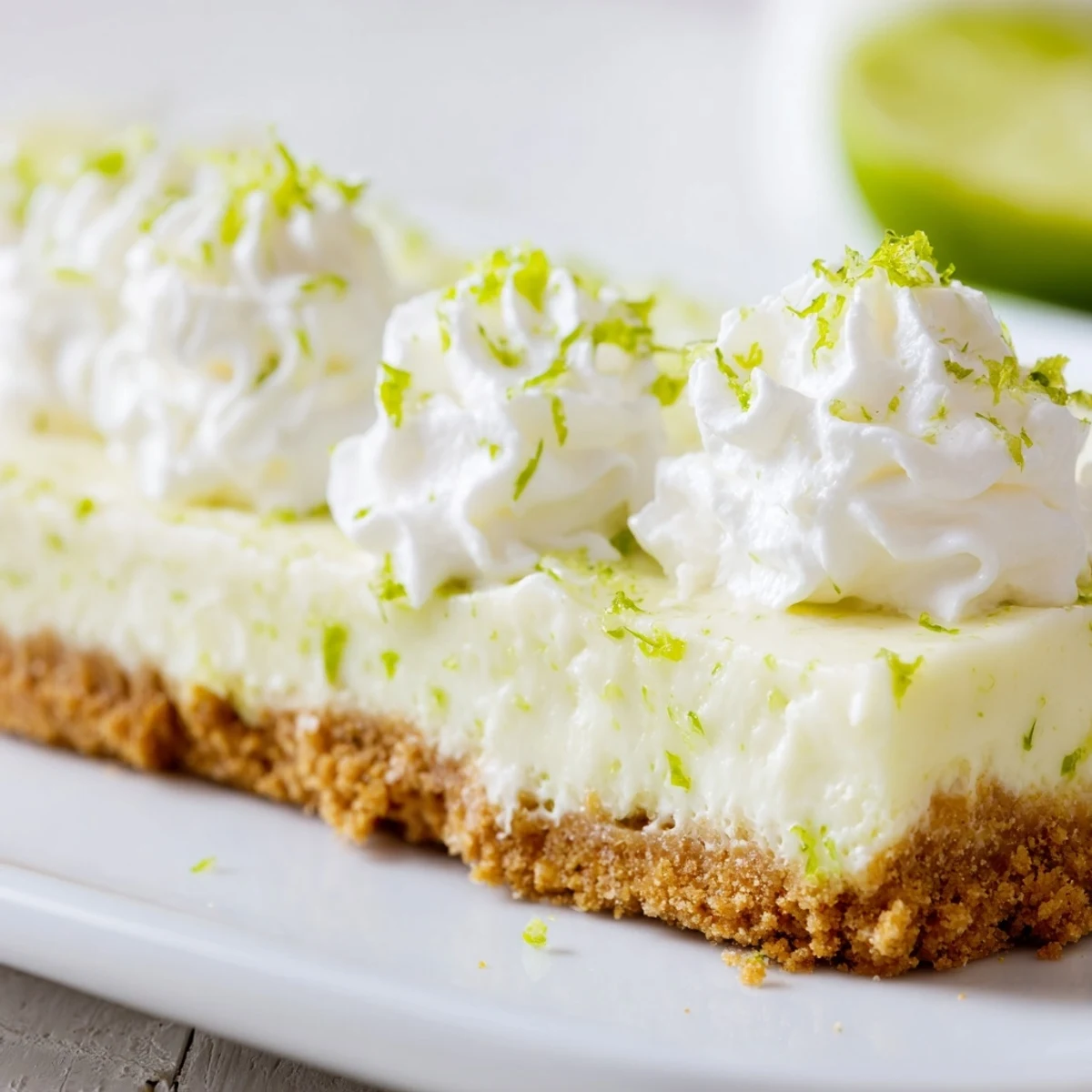 Creamy key lime pie bars topped with whipped cream and fresh lime zest