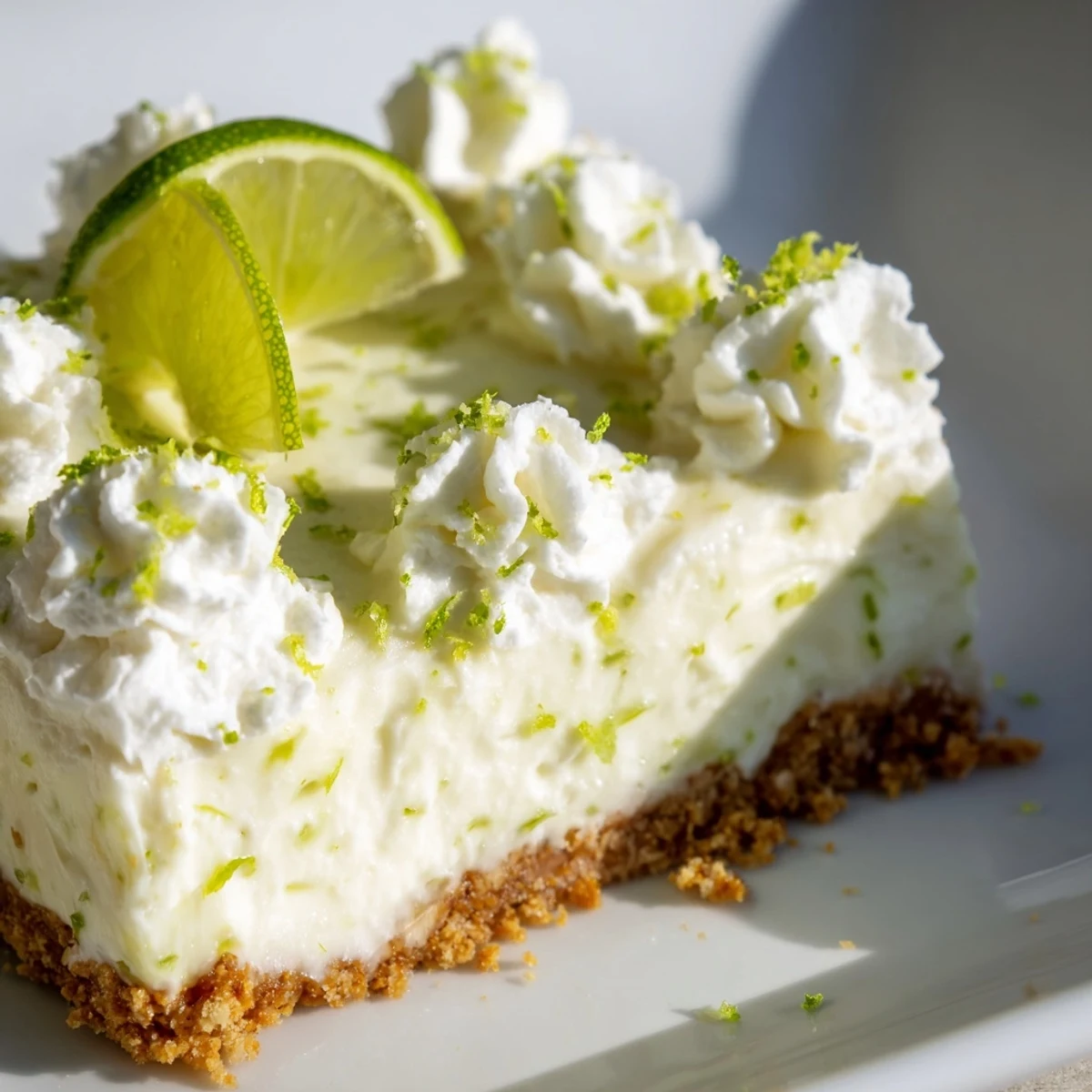 Square key lime pie bars on white plate with green lime garnish