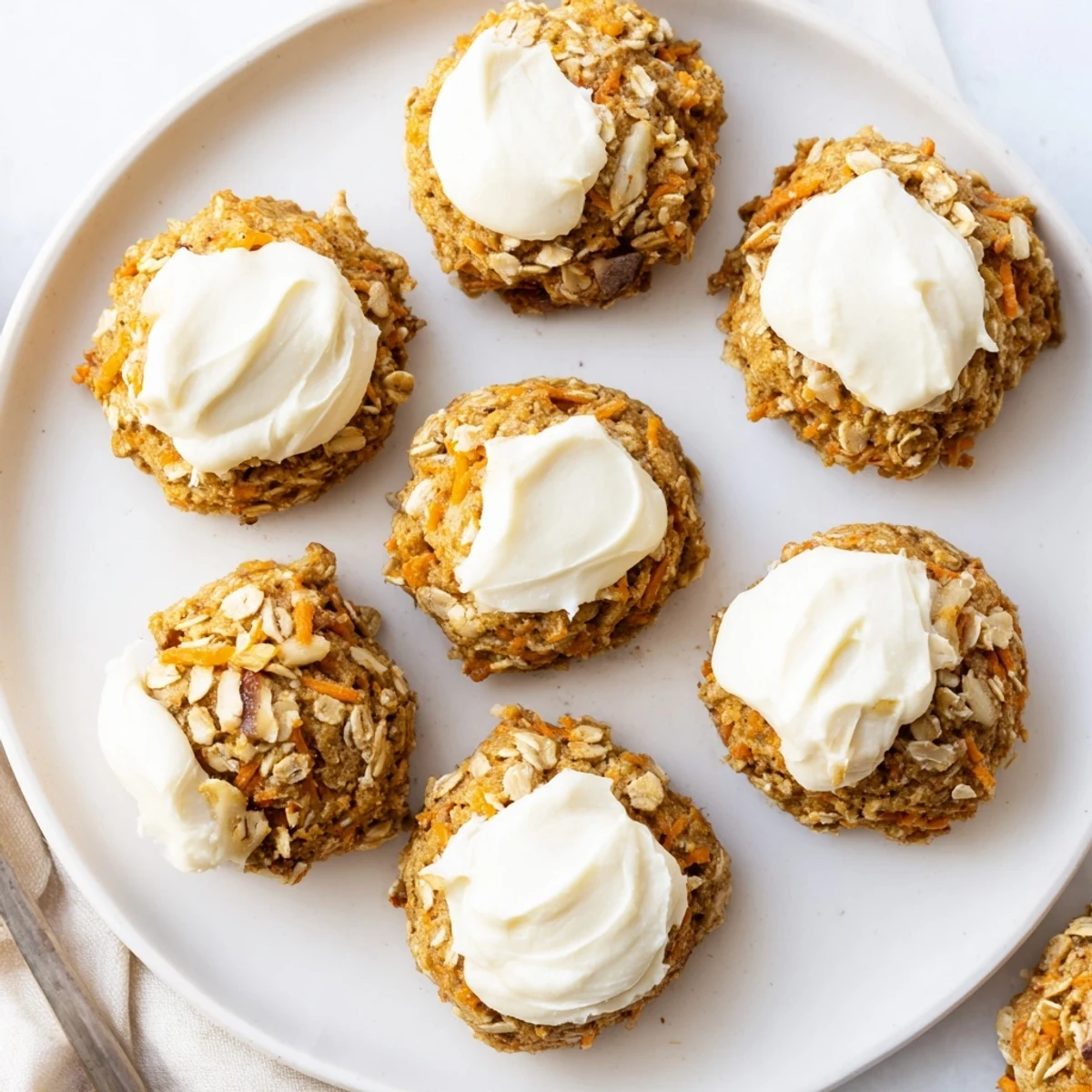 Soft carrot cake cookies topped with swirls of tangy cream cheese frosting