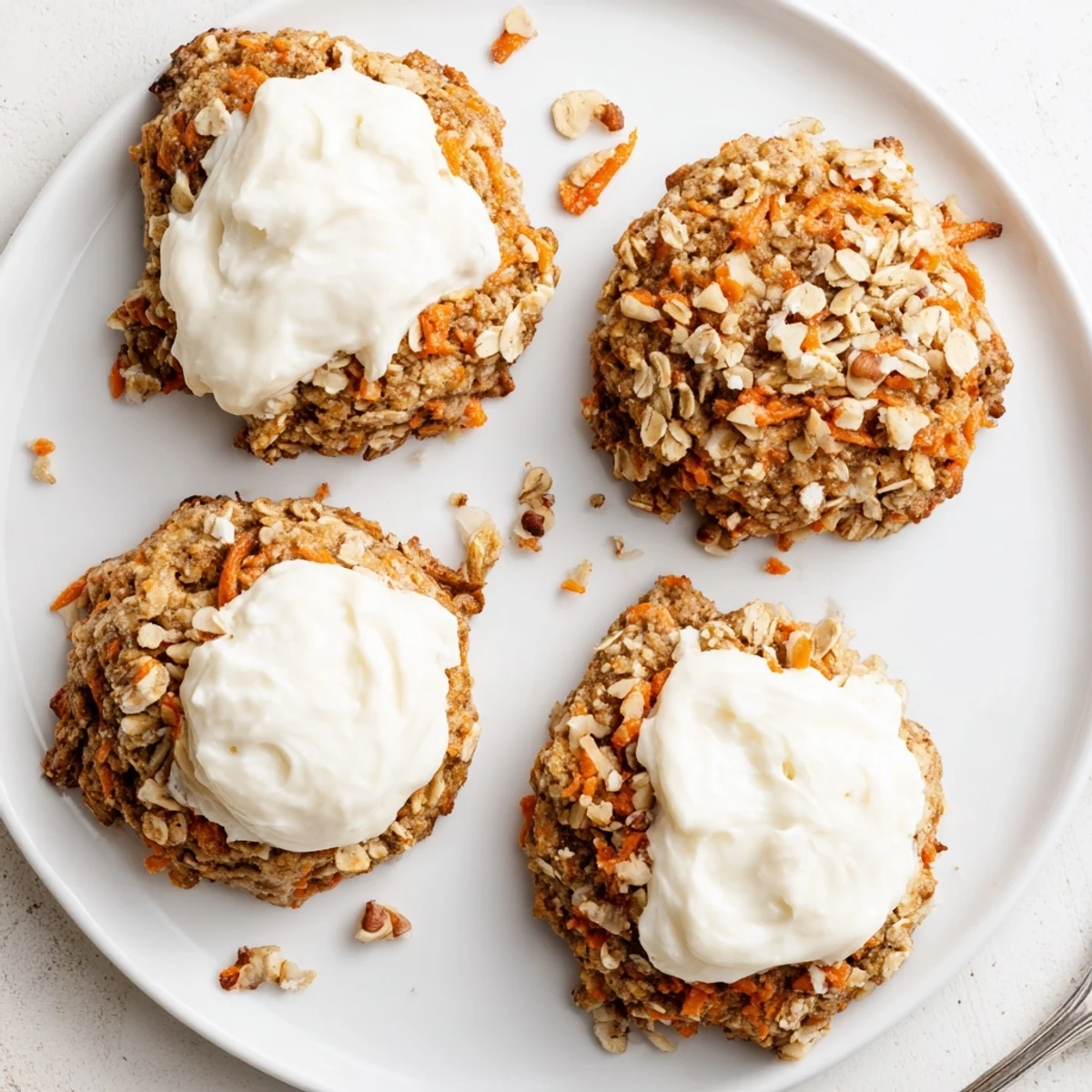 Frosted carrot cake cookies stacked on a white plate, ready for dessert