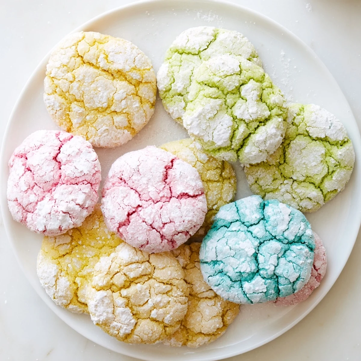 Soft pastel Springtime Crinkle Cookies with white crackled sugar coating on baking sheet