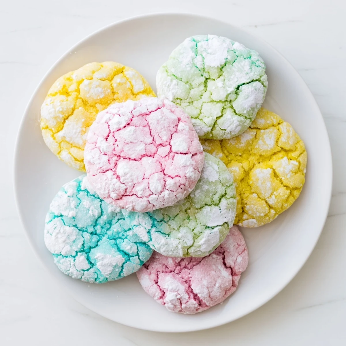 Colorful Springtime Crinkle Cookies in pink yellow and blue with powdered sugar crackles