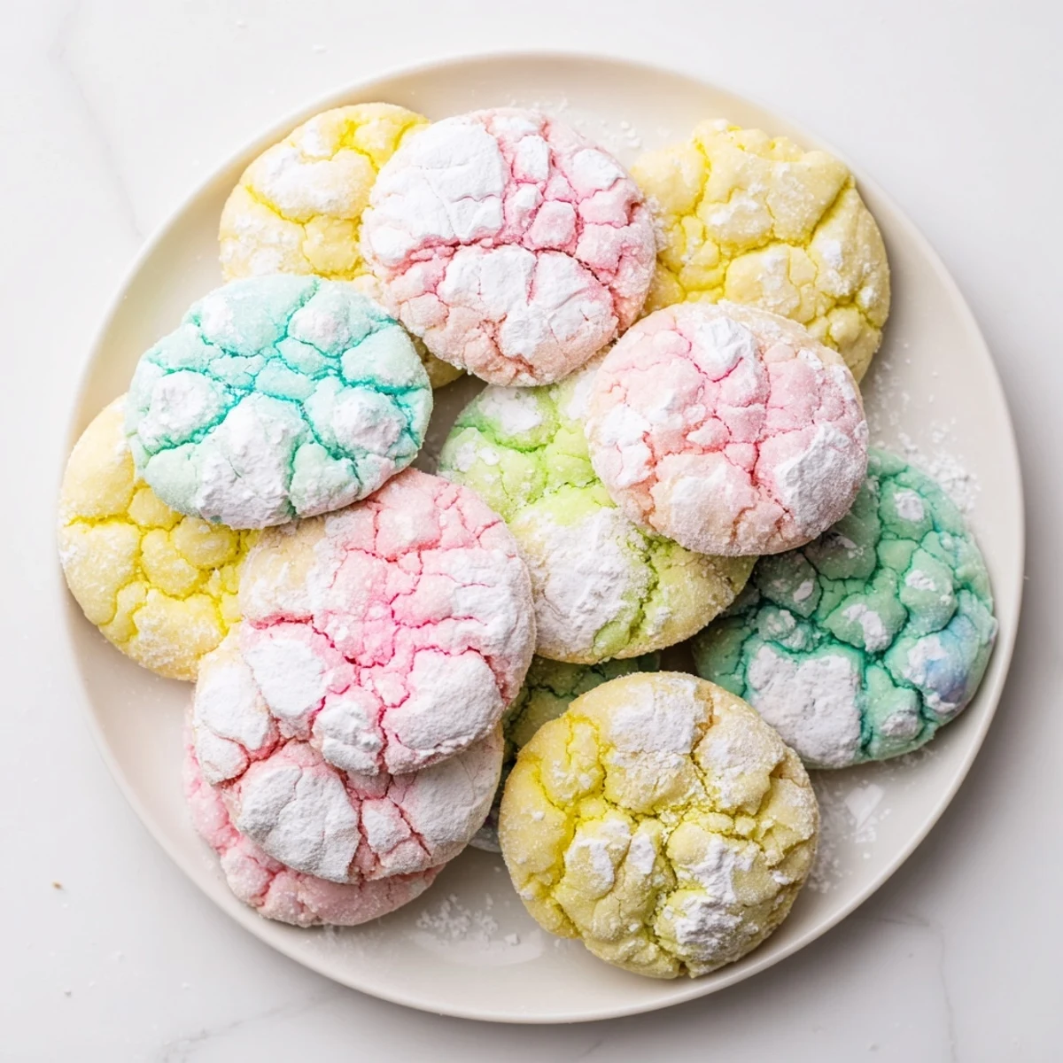Plate of soft Springtime Crinkle Cookies showing their signature crackled powdered sugar coating