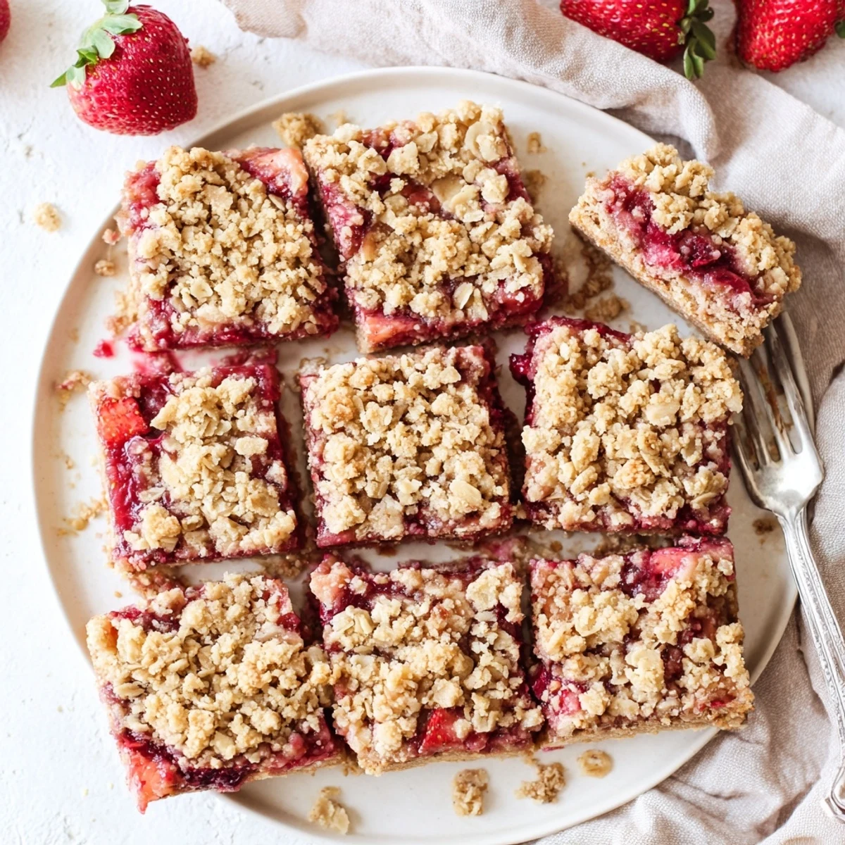 Golden brown strawberry oatmeal crumble bars with bubbling red fruit filling and crumbly oat topping