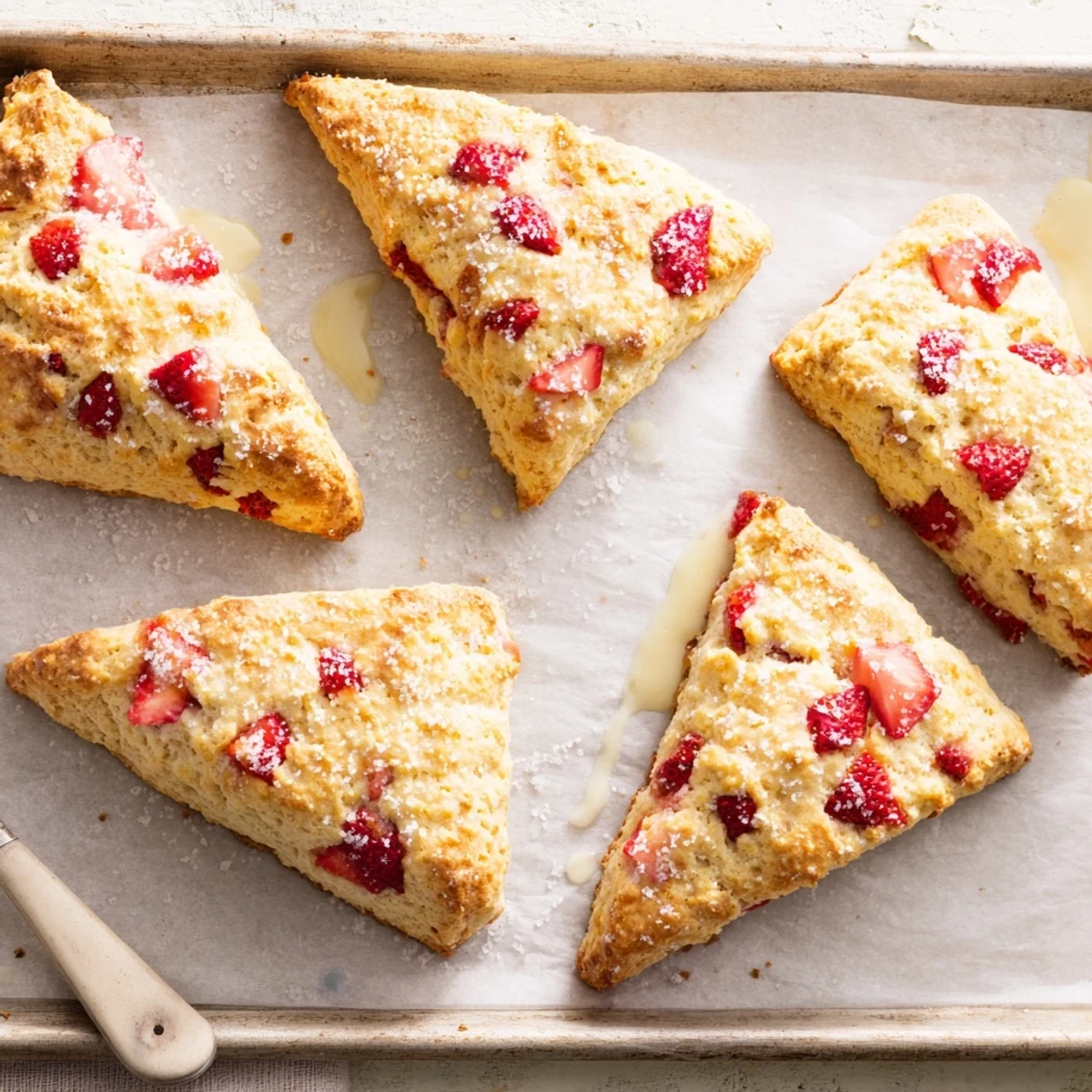 Golden brown strawberry scones fresh from the oven with juicy red fruit visible throughout