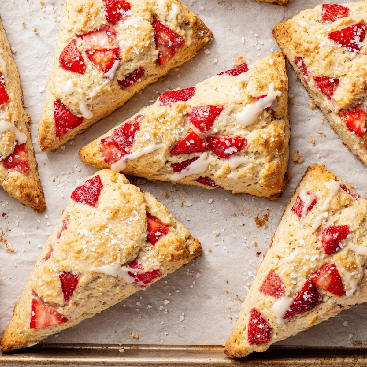 Flaky buttery strawberry scones brushed with cream and coarse sugar on a wire cooling rack
