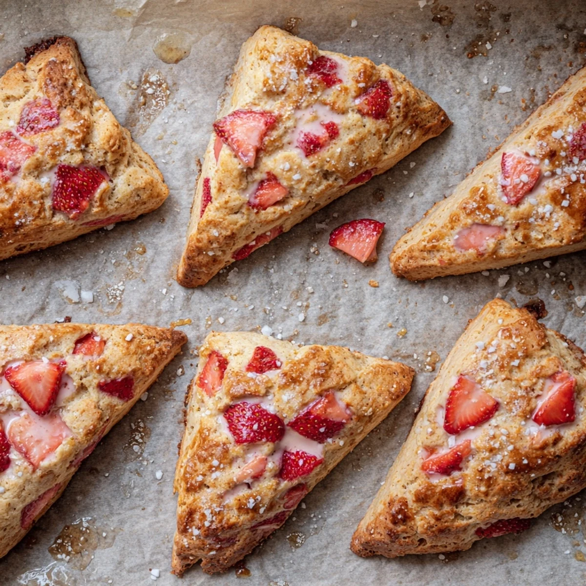 Homemade strawberry scones sliced into triangles revealing tender interior studded with diced fresh berries