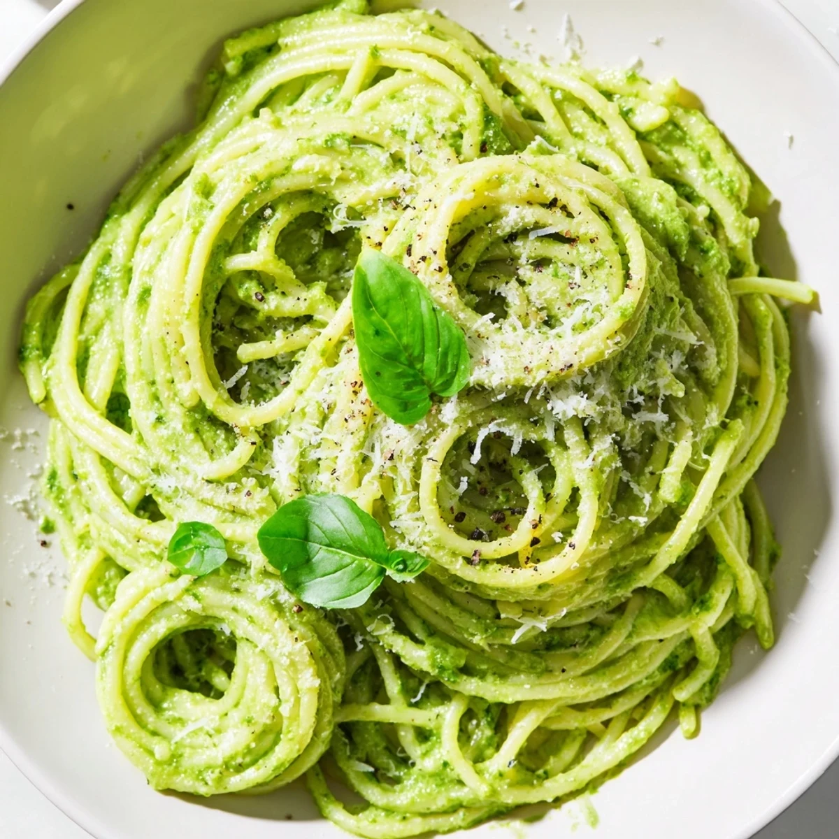 Creamy avocado spinach basil pesto spaghetti topped with fresh grated Parmesan and black pepper