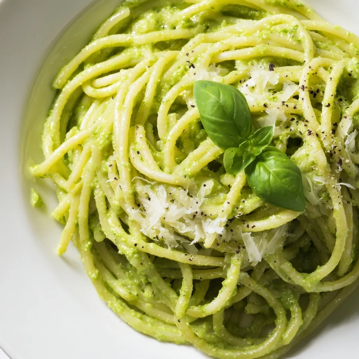 Vibrant spaghetti coated in rich avocado basil spinach pesto served with cracked pepper and extra cheese