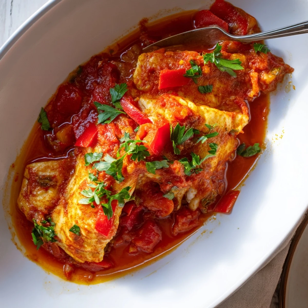 Golden Moroccan braised fish fillets simmered in rich spiced tomato sauce with fresh herbs
