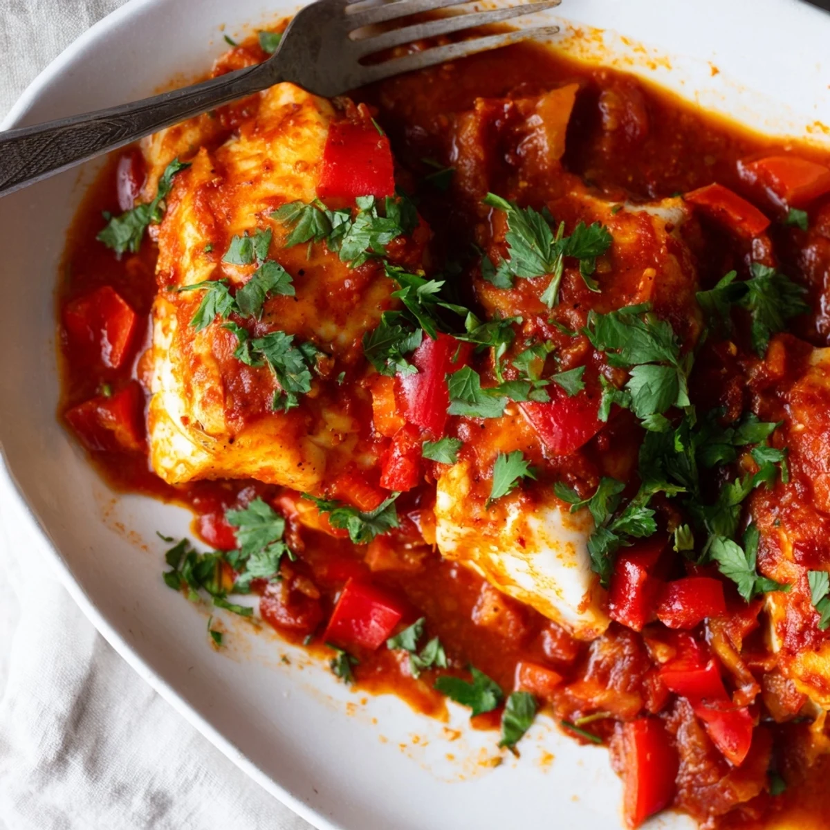 Flaky white fish nestles in fragrant Moroccan tomato sauce braised with bell peppers and warming spices