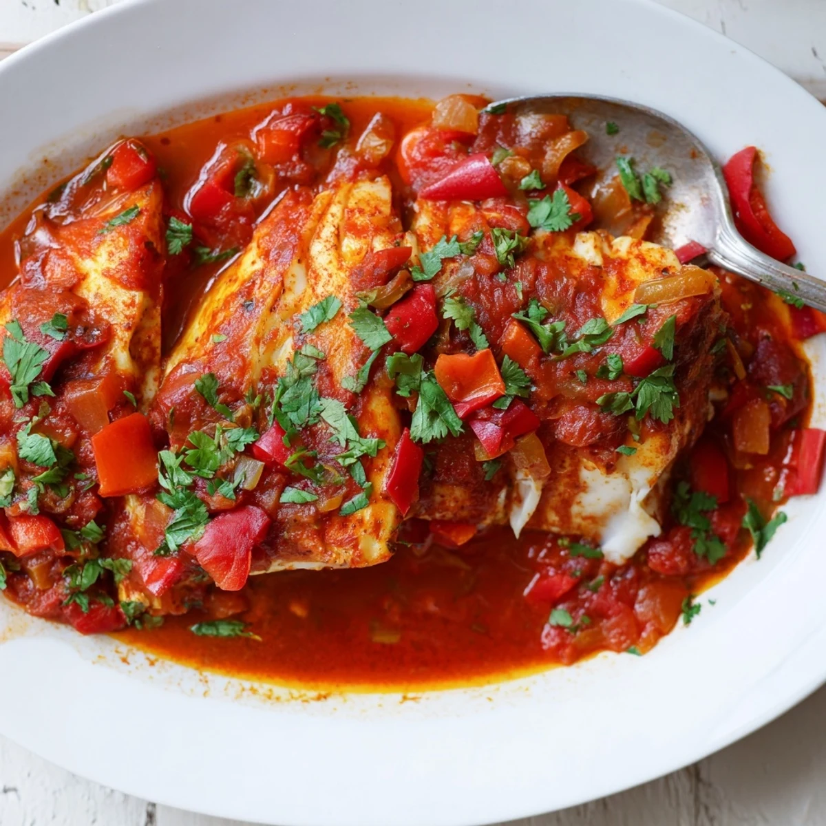 Creamy tomato-braised fish topped with green cilantro and parsley served family style in rustic skillet
