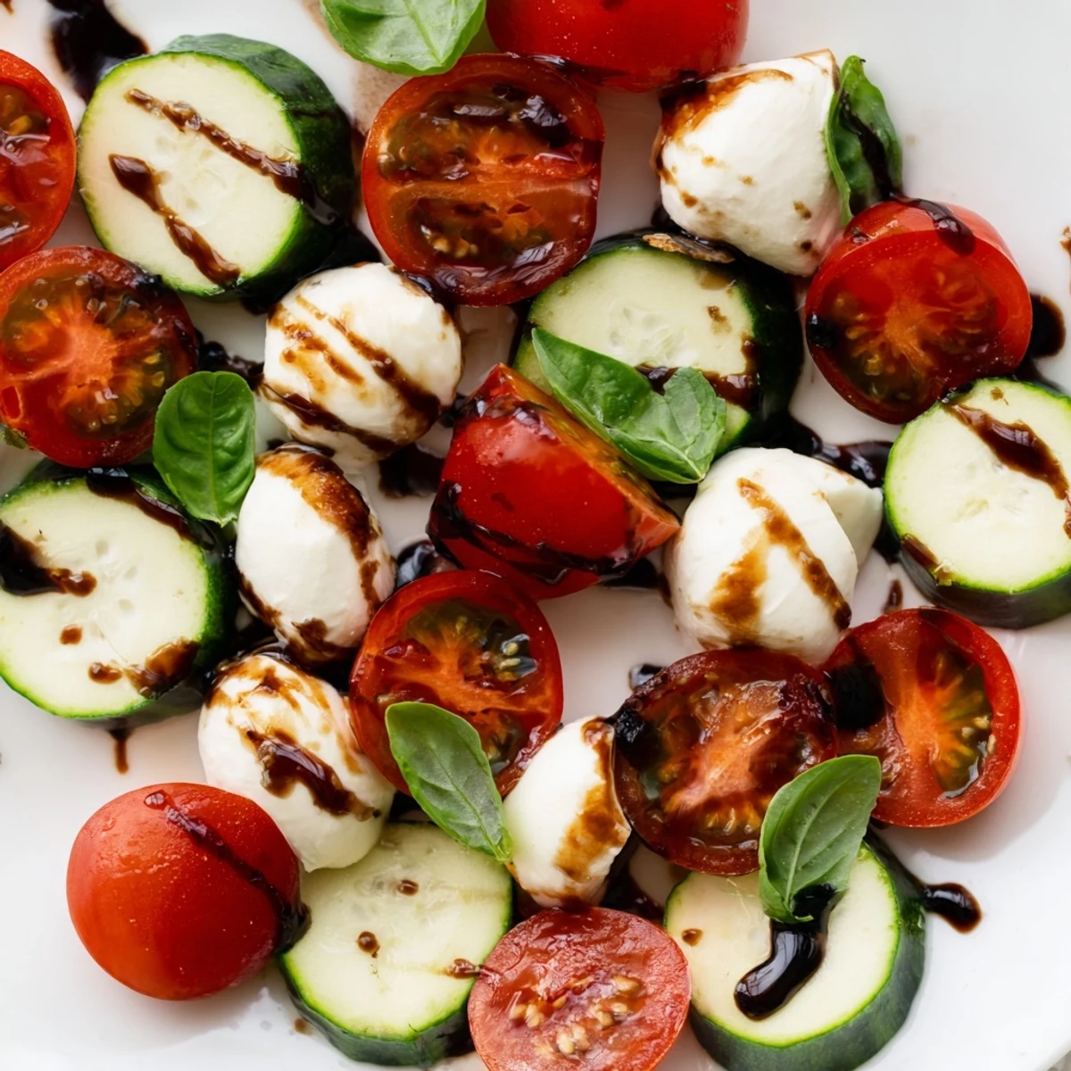 Fresh Easy Cucumber Caprese Salad with cherry tomatoes, mozzarella balls, and basil drizzled with balsamic glaze.