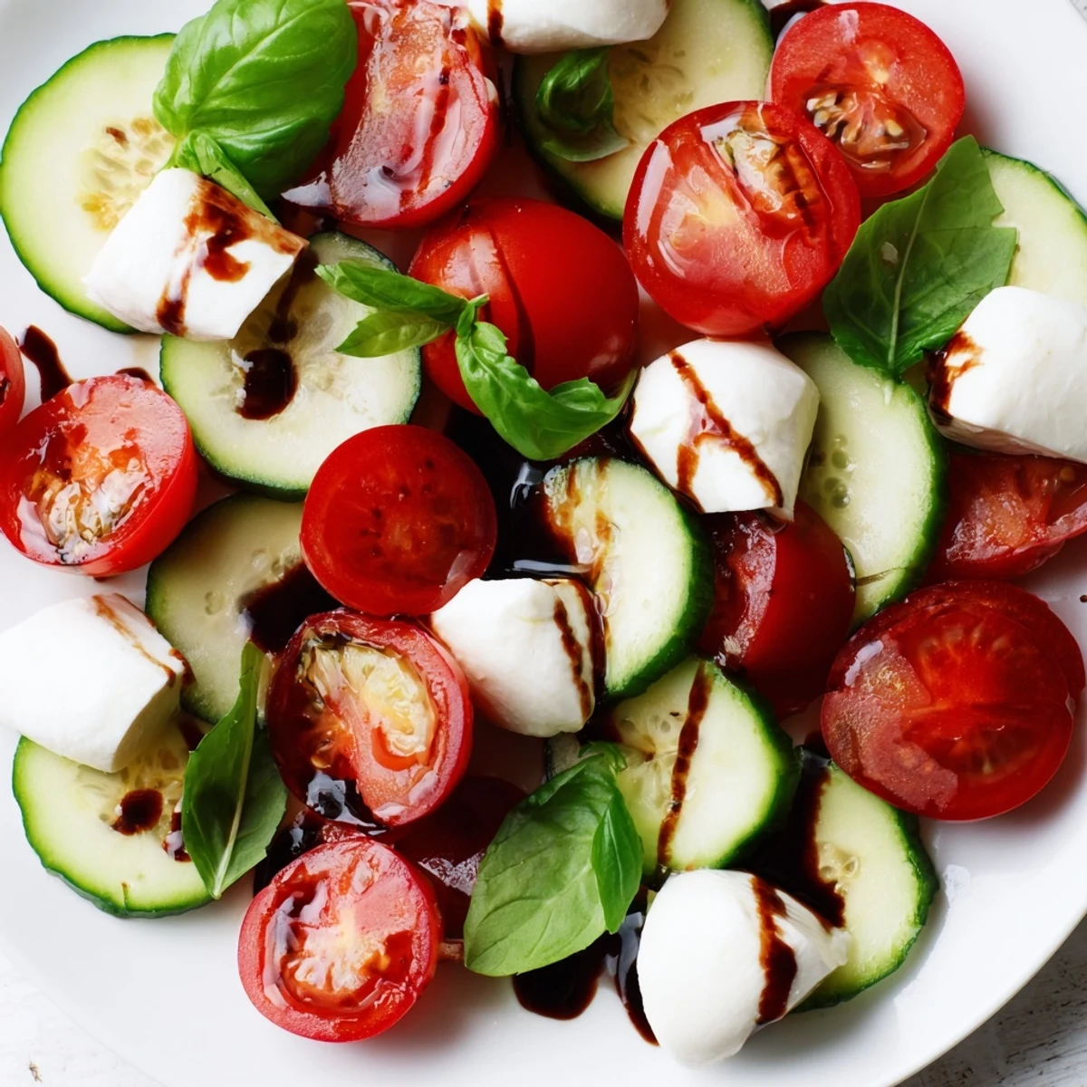Summer Easy Cucumber Caprese Salad featuring layered cucumber rounds, halved cherry tomatoes, and basil in balsamic dressing.