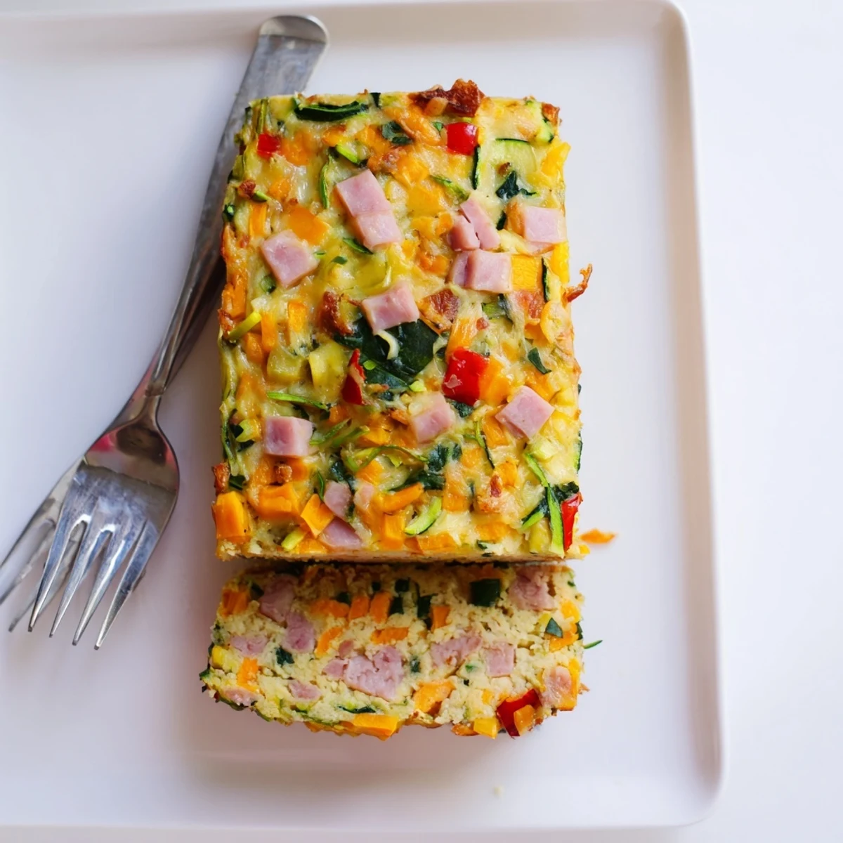 Golden vegetable and ham slice with colorful grated vegetables and melted cheddar