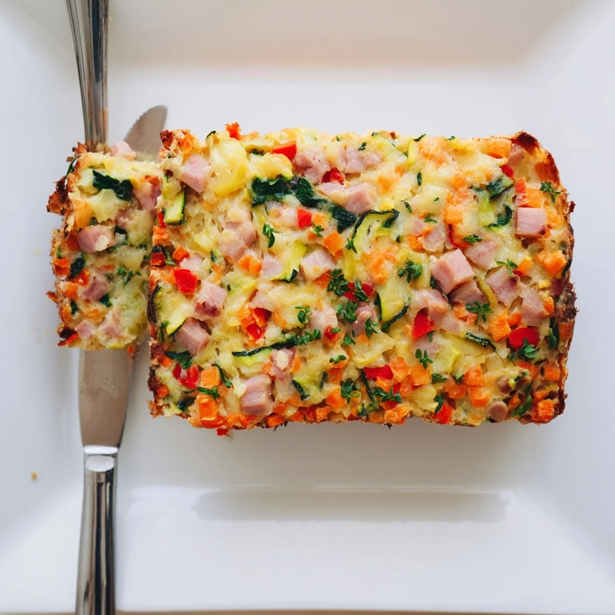 Savory vegetable and ham slice loaf served on a wooden cutting board for lunch