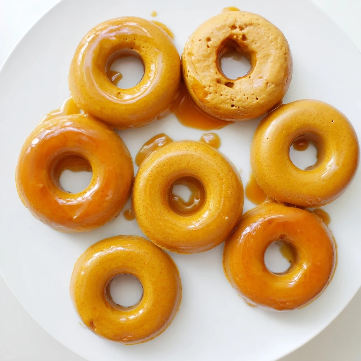 Golden baked maple pumpkin mochi donuts topped with sweet glossy glaze