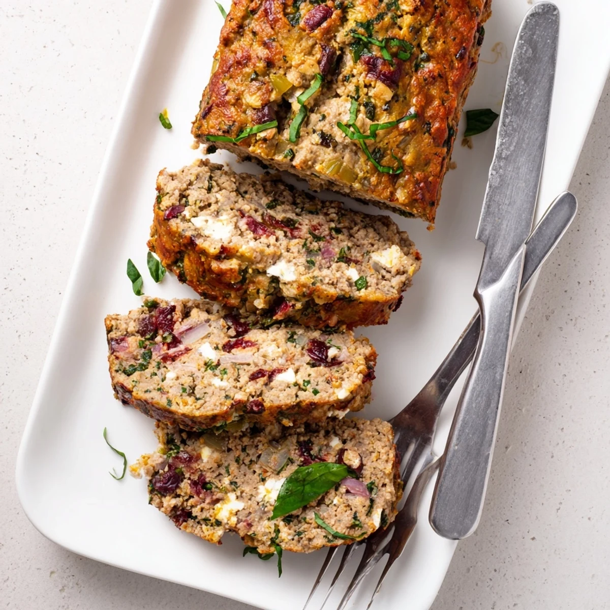 Mediterranean style turkey meatloaf with roasted red peppers and herbs fresh from the oven