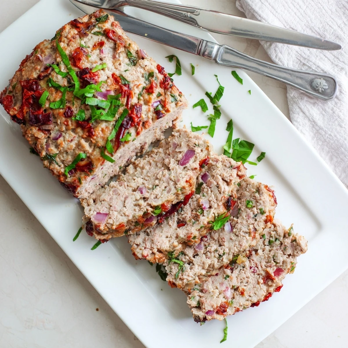 Juicy baked turkey meatloaf garnished with fresh parsley and served with tzatziki sauce on a white plate