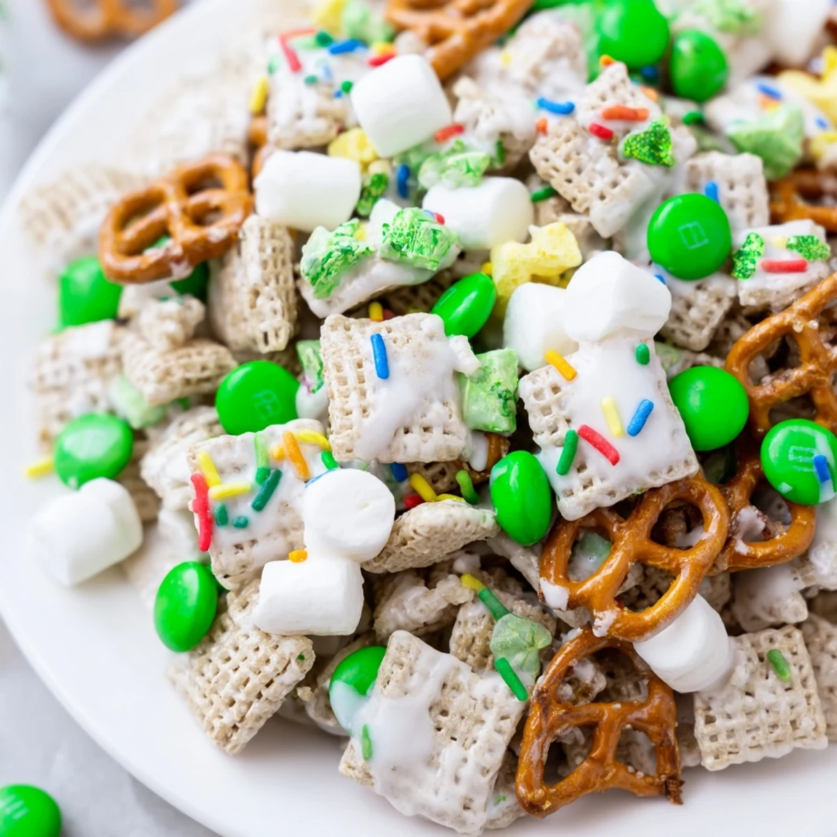 Festive St. Patricks Day Leprechaun Bait featuring pretzels, cereal, and rainbow sprinkles