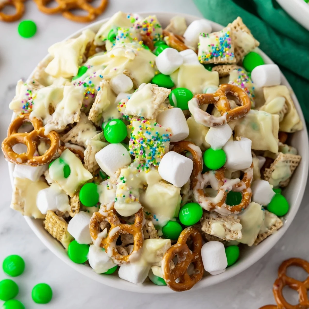 Sweet and salty Leprechaun Bail scattered on baking sheet with marshmallows and popcorn