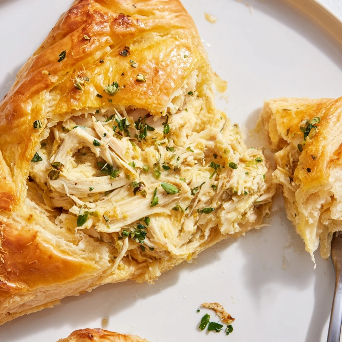Golden chicken ricotta and herb pie sliced on a wooden cutting board with fresh parsley garnish